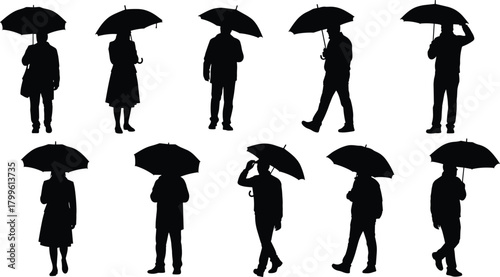 “Silhouette collection of people holding umbrellas in walking and standing poses, rainy weather illustration for design, graphic art, and outdoor concept visuals”