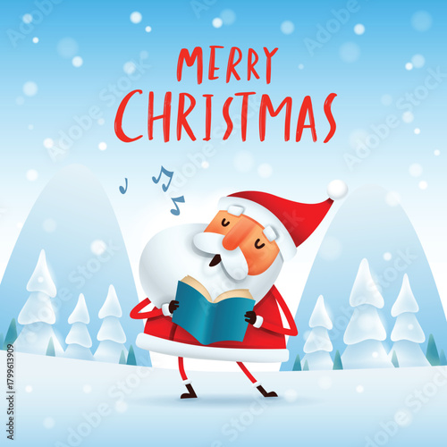 Santa Claus singing Christmas carols on snow scene