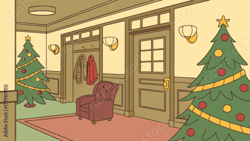 Christmas holiday home interior hallway with christmas trees and armchair vector illustration art