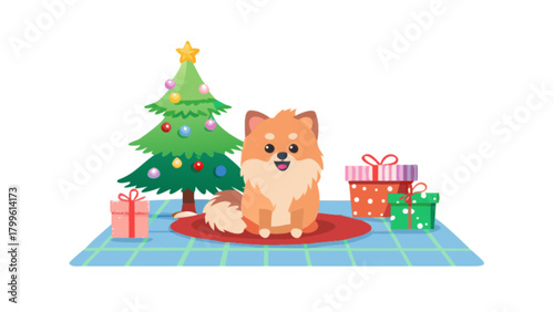Cute christmas dog pomeranian puppy with tree and presents holiday season festive celebration vector art