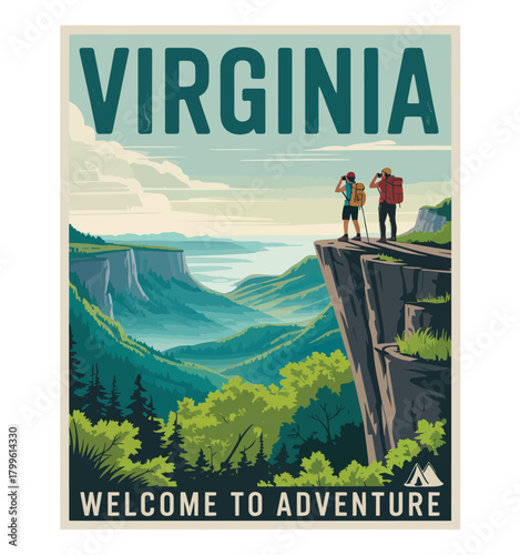 American virginia travel artwork capturing a scenic cliffside view on the appalachian trail, designed as a retro travel poster or decorative sticker illustration.