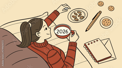 Woman in bed planning for year 2026 with coffee cookies and notes for future goals and dreams ahead