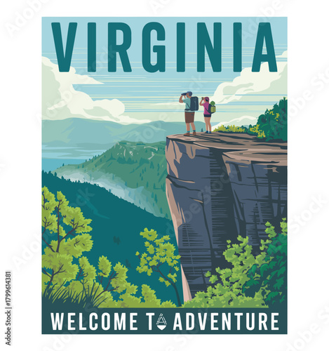 American retro inspired virginia travel poster or sticker showing a dramatic rocky cliff overlook along the appalachian trail, detailed illustration ideal for scenic wall art decoration.