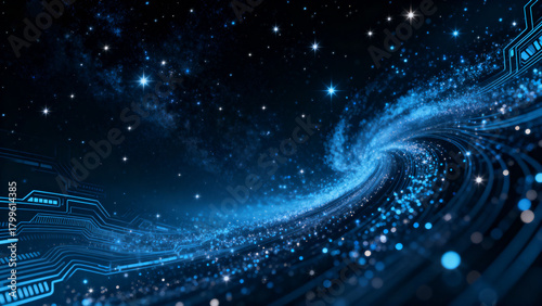 Blue digital data stream in cosmic space