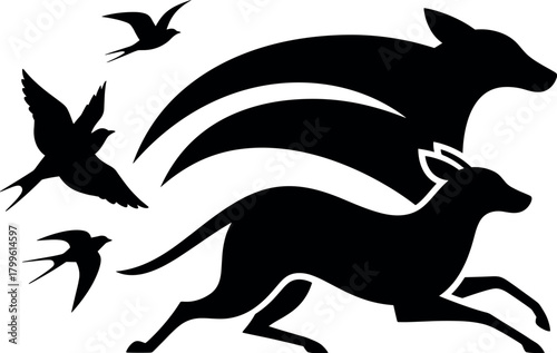 Black silhouette of running deer and flying birds against white background animal wildlife