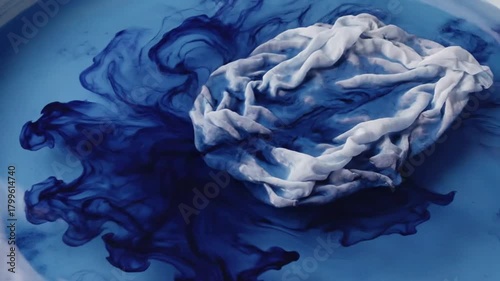 Close-up shot of a white cloth submerged in vibrant blue liquid, creating an abstract art piece.