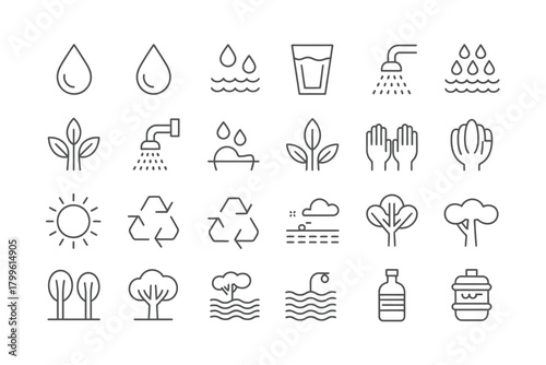 Collection of hand drawn icons representing water conservation and environmental protection