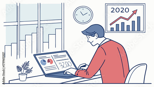 Financial analyst working on laptop with charts and graphs analyzing business growth and market trends data