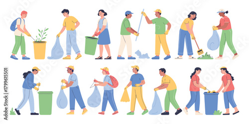 Diverse group of people cleaning up litter and recycling in a park