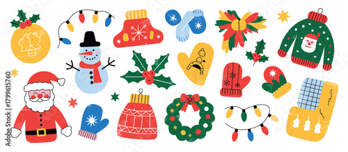 Collection of festive christmas holiday icons and decorations