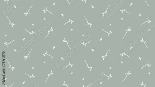 Seamless minimal branch pattern on sage green background, vector design