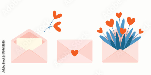 Pink envelopes with hearts and floral elements for love and romance