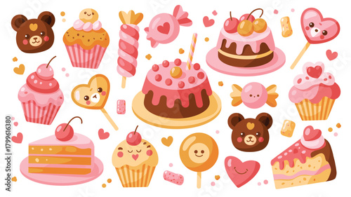 Cute kawaii desserts and sweets collection with hearts and bears