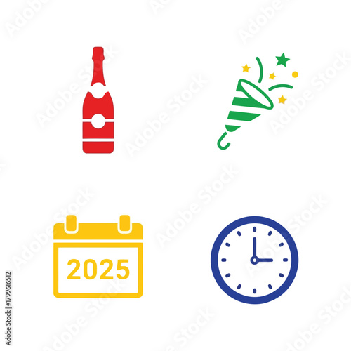 New year 2025 celebration icons: champagne, party popper, calendar, clock Vector, illustration
