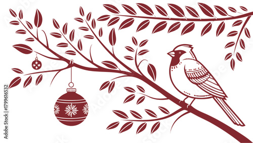 Cardinal bird christmas ornament on tree branch vector illustration holiday season winter design art graphic