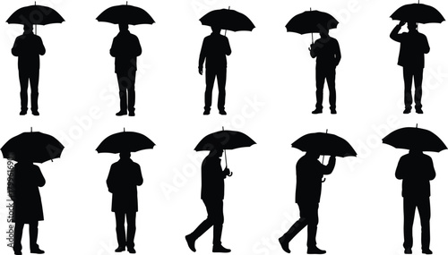 “Silhouette collection of people holding umbrellas in various standing and walking poses, rainy weather concept design for illustration and graphic use”