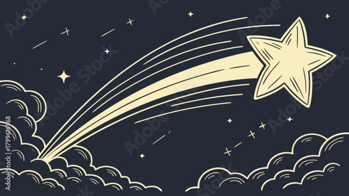 Shooting star vector illustration with clouds and stars in the night sky celestial event drawing art design