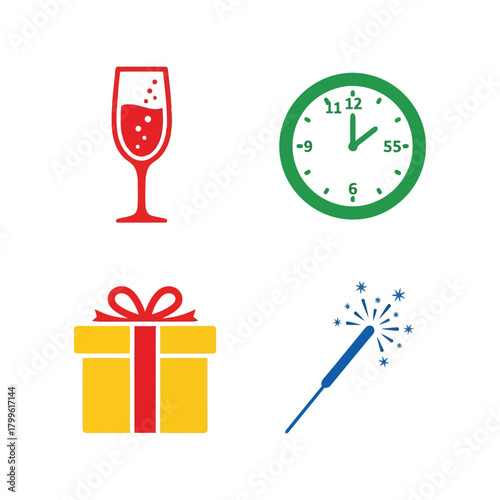 New year celebration icons: clock, wine glass, gift box, sparkler on white background Vector, illustration