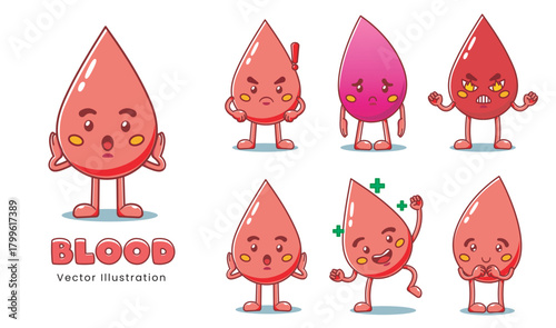 Blood character mascot with variations of low, high, healthy, sick