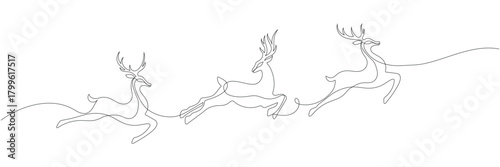 Continuous One Line Drawing of Three Running Reindeer or Stags. Minimalist Christmas and Winter Holiday Symbol or Design Element. Editable stroke