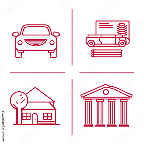 Financial assets and property icons: car, house, bank, and automotive expenses. Outline vector symbols for finance, insurance, and real estate.