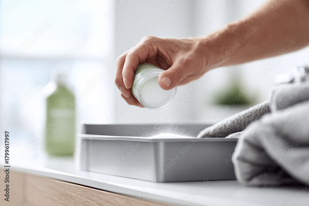 Fototapeta premium Hand pouring powder into container. Conceptual image for cleaning, beauty, health, or food preparation. Natural light, minimalist style.