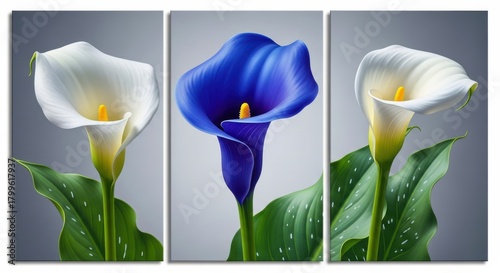Elegant triptych of white and blue calla lilies with vibrant green leaves against a soft gray background, creating a serene and modern art piece