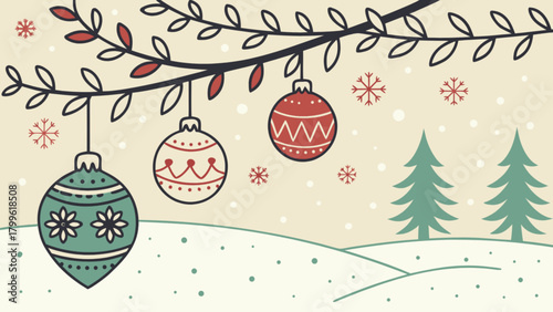 Christmas holiday winter scene with ornaments and snow flakes vector illustration design art drawing