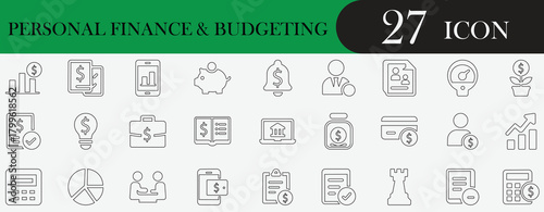 Finance, money, savings, investment, budgeting, expense tracking, accounting, cash flow, loan, credit, report, chart icons for personal finance tools