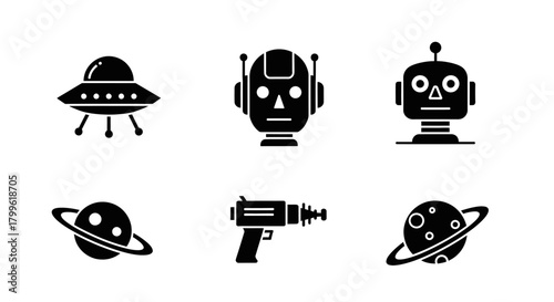 A collection of vector icons featuring a UFO, two robots, two planets with rings, and a ray gun, all in black silhouette against a white background.