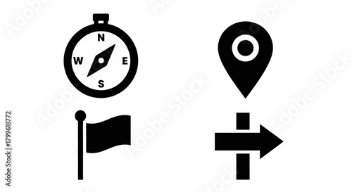 A collection of four navigation-related icons: a compass, a flag, a location pin, and a directional arrow, all in black against a white background.