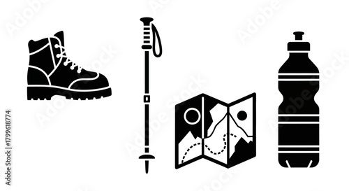 Black and white illustration of hiking essentials: boot, trekking pole, map, and water bottle, arranged on a white background.