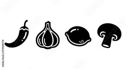A simple black and white illustration featuring a chili pepper, garlic bulb, lemon, and mushroom isolated on a white background.