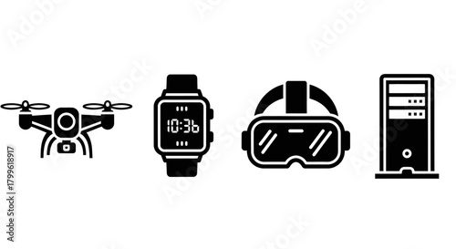 Four black and white vector icons depicting a drone, smartwatch, VR headset, and computer tower, arranged in a horizontal row on a white background.