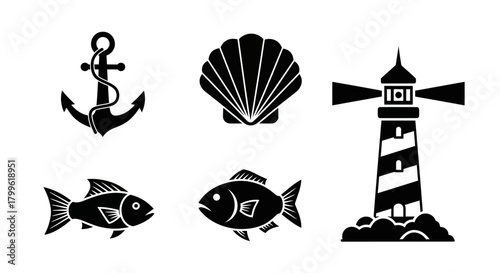Silhouette illustration of nautical themed elements: anchor, scallop shell, two fish, and a lighthouse with light beams.