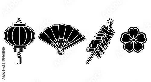 Black and white vector illustration of a lantern, fan, firecrackers, and a flower, representing Chinese culture and celebrations.