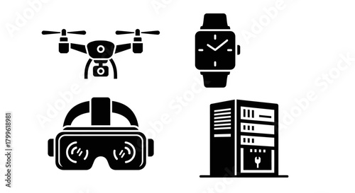 A collection of four black and white icons depicting a drone, smartwatch, virtual reality headset, and server rack.