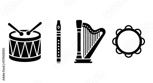 Black and white vector illustration featuring a drum with drumsticks, flute, harp, and tambourine, representing musical instruments.