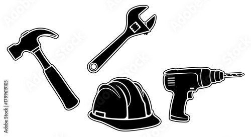 Illustration of construction tools including a hammer, wrench, hard hat, and drill, presented in black and white.