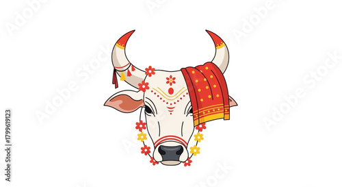 Illustration of a decorated white cow head with garlands and a red cloth, featuring traditional Indian ornamentation.
