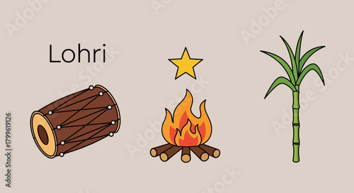 Lohri festival illustration featuring a dhol drum, bonfire with a star, and a stalk of sugarcane on a beige background.