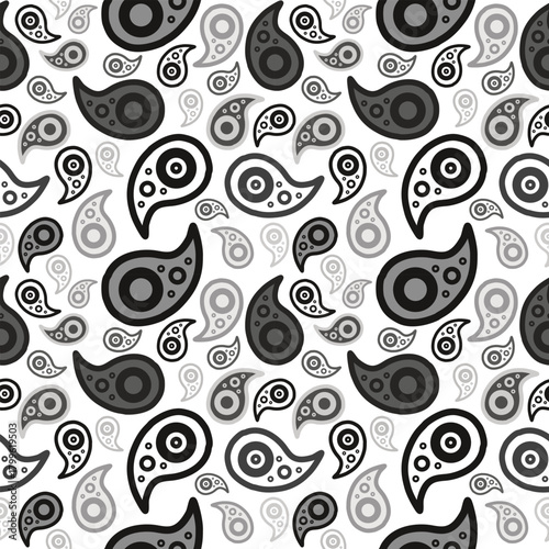 Seamless black and white paisley pattern with hand-drawn teardrop motifs and circular details, ideal for textiles, wallpaper, and backgrounds.
