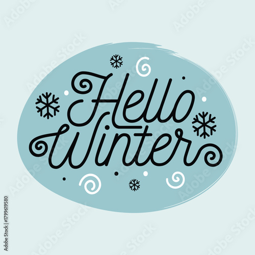 Hello Winter typography logo with snowflakes vector illustration. Winter label, tag, sticker, hand drawn lettering for winter season party, sale, vacation. Cold weather banner, poster.