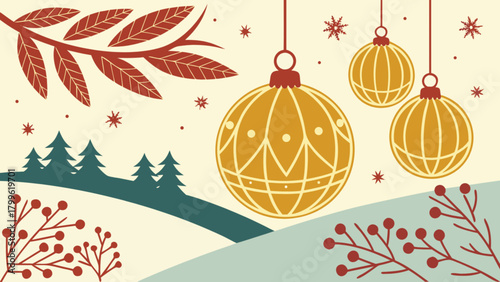 Festive christmas holiday season illustration with ornaments trees and branches for greeting cards designs