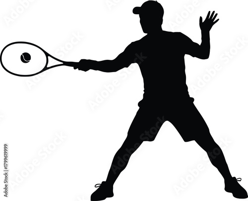 Silhouette of a male tennis player in action, hitting a forehand shot with a racket and ball, isolated on white background.