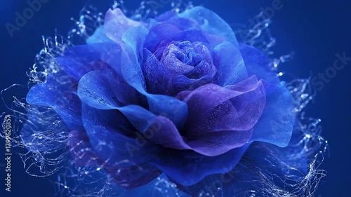 Close-up of a vibrant blue rose with delicate petals and water droplets, artistic rendering.