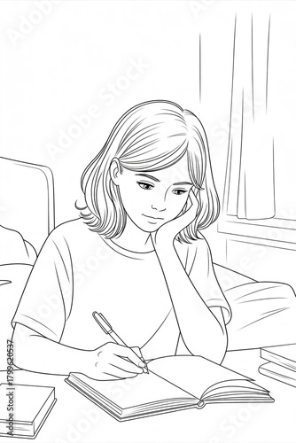 Teenage girl calmly writing in a notebook while studying in a quiet room