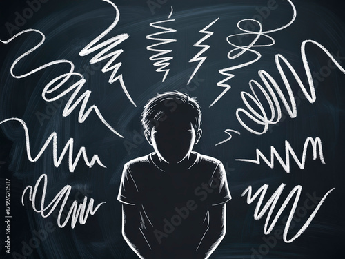 Sad teenage boy drawn in chalk surrounded by chaotic scribbles symbolizing mental stress