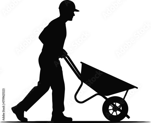 Silhouette of a man wearing a cap pushing a wheelbarrow isolated on white background.