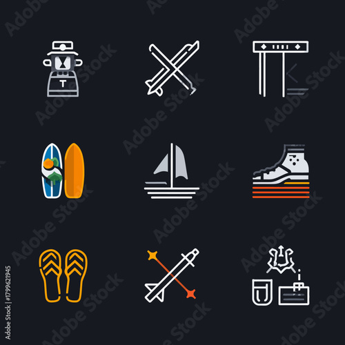 Collection of diverse vector sports and outdoor leisure activity icons: skiing, surfing, sailing, skating, and summer fun. Flat design graphic elements.